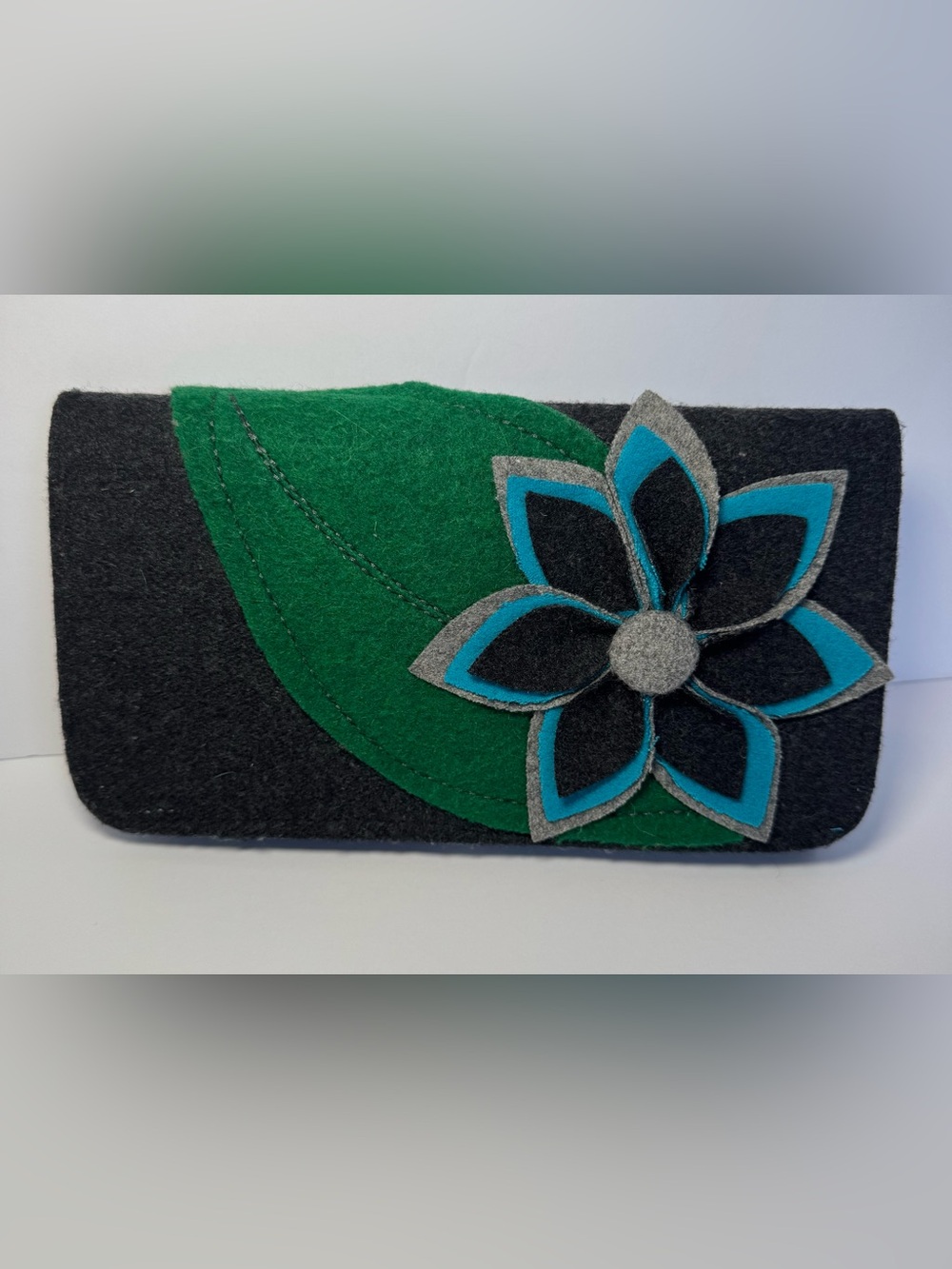 Handmade Wool Felt Flower Clutch Wallet Green Charcoal Teal